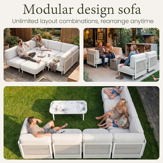 LayinSun 11 Pieces Patio Furniture Set with Coffee Table, Modern Outdoor Modular Sectional Conversation Set L-Shaped Sofa with 7-inch Cushion for Garden Backyard Deck