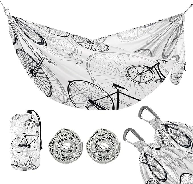 Bike Print Camping Hammock, Portable Lightweight Single Hammock with Tree Straps and Aluminum Carabiners, 114" x 54" Travel Hammock for Hiking Backpacking Beach
