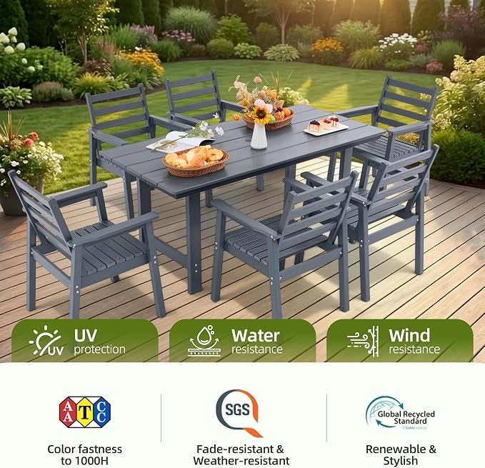 7-Piece Outdoor Dining Set, All-Weather HDPE Patio Furniture, 66.5" Slatted Table with 1.6" Umbrella Hole & 6 Ergonomic Armchairs, Heavy Duty 350lbs Capacity, UV Resistant, Gray