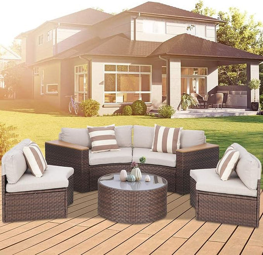 Incbruce Outdoor Half Moon Patio Furniture 5-Piece Curved Outdoor Sofa, All-Weather Outdoor Sectional Furniture Patio Conversation Sets with Round Tempered Glass Top Table(Brown Cushions)