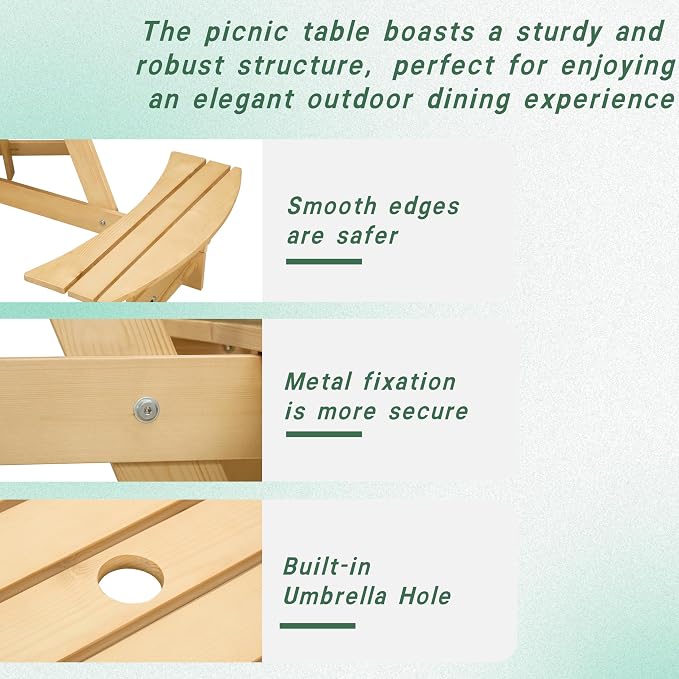 JOYBASE 6-Person Wooden Picnic Table, Outdoor Round Table with Built-in Benches and Umbrella Hole, Picnic Table Bench Set for Patio, Backyard, Garden (Natural)
