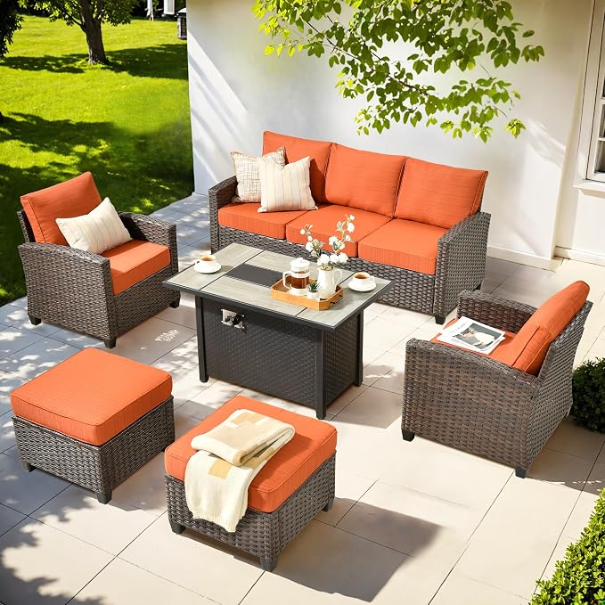 ovios 6 Pieces Patio Furniture Set, Outdoor Wicker Sofa Couch with 42" Fire Pit Table Comfy Cushions, All Weather Brown Rattan Conversation Set for Backyard Deck, Orange Red