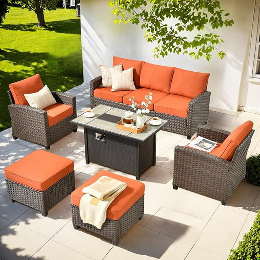 ovios 6 Pieces Patio Furniture Set, Outdoor Wicker Sofa Couch with 42" Fire Pit Table Comfy Cushions, All Weather Brown Rattan Conversation Set for Backyard Deck, Orange Red