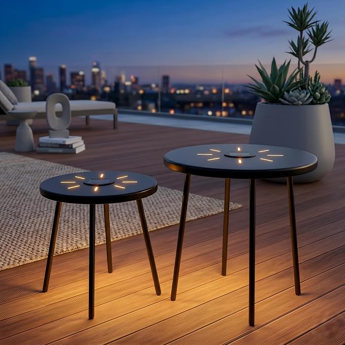 Solar Outdoor Side Table with Light Set of 2, Modern Round Patio Side Tables for Outside, Metal Outdoor End Accent Table for Living Room, Patio, Poolside, Backyard, Garden, Black