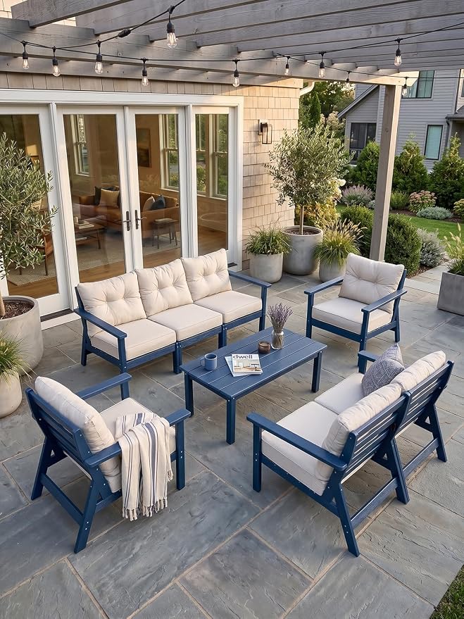 HDPE Patio Conversation Set 6 Seats, Outdoor Furniture Set, Patio Sofa Set | Water-Resistant Thick Cushion, HDPE All Weather, Wood-Grain, No Rot or Rust or Crack, UV Fade Shield, Easy-Clean for Outside