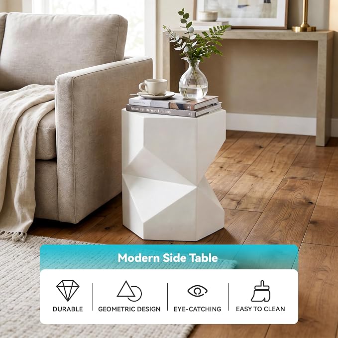 COSIEST MgO Concrete Side Table, 18 Inch Hexagonal Geometric Outdoor End Accent Table, All-Weather Patio Garden Stool, Modern Plant Stand & Coffee Table for Balcony Backyard, White, 1 Pack