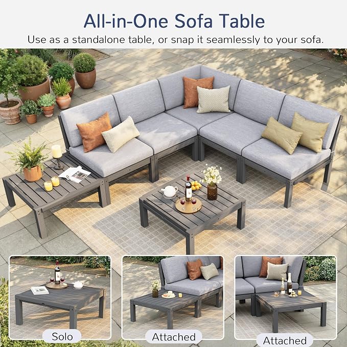 Stoog 6-Piece Modular Outdoor Sectional Sofa Set, All-Weather Patio Furniture - Waterproof HIPS Frame with Quick-Dry Olefin Cushions, Grey
