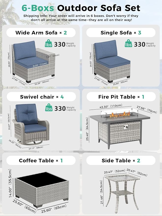13 Piece Outdoor Wicker Sectional Sofa Set with Swivel Chairs & Fire Pit Table, 9-Seats with 4" Thickened Cushions & Coffee Table, All-Weather PE Rattan for Garden, Backyard, Porch, Blue