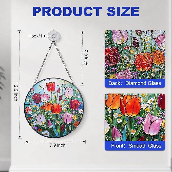 Stained Glass Window Hanging, Colorful Tulips Suncatcher 7.8 in Sun Catcher Glass Panel Boho Wall Art Decor with Chain Diamond Glass Panel Hangings Scenery Sun Catchers Decor for Lover Couple Mom