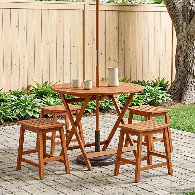 Round Folding Garden Table with Parasol Hole, 35.43 x 29.53 in, Brown, Solid Eucalyptus Wood Frame, Outdoor Patio Dining Table