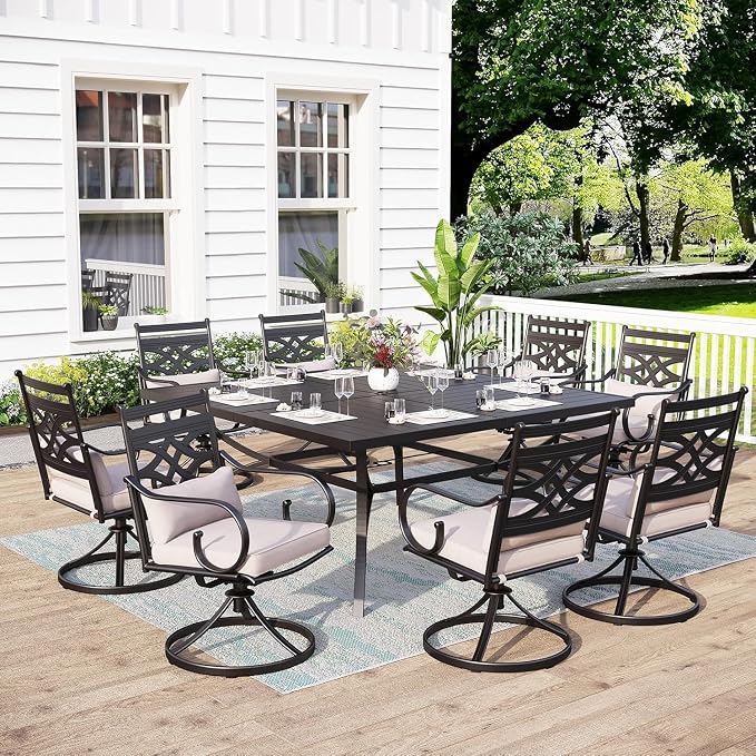 MFSTUDIO 57.5" Square Metal Outdoor Dining Table, Large Patio Furniture 8 Person Table with Umbrella Hole for Deck, Backyard, Lawn,Garden (Black)