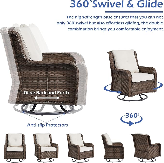 Wumiokio Patio Furniture Sets, 3 Pieces Wicker Outdoor Furniture - 360 Degree Swivel Rocking Chairs and Rattan Side Table for Garden,Porch,Backyard (Brown Wicker/Beige Cushion, 3PCS - Swivel Chairs)