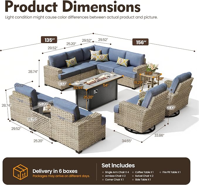 HOOOWOOO Sectional Patio Furniture Set With Fire Pit Table,12 Pieces Wicker Outdoor Furniture L Shaped Couch,Outside Conversation Set Extra Deep Sofa Wide Arm Swivel Chairs Solar Light,Dark Denim Blue