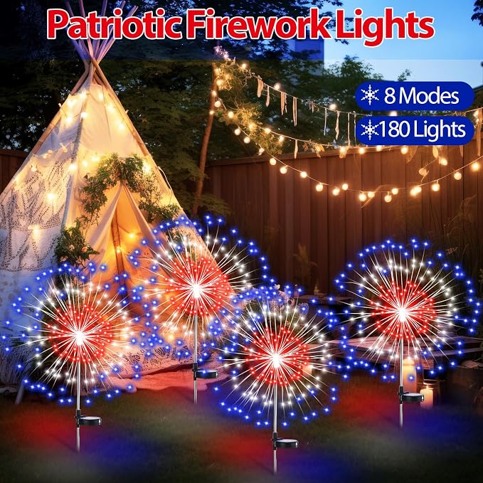 Tujoe Halloween Decoration Outdoor 4 Pack Solar Firework Light with 180 LED Halloween Solar Lights 8 Lighting Modes for Yard Garden Pathway Party Decoration(Red, White, Blue)