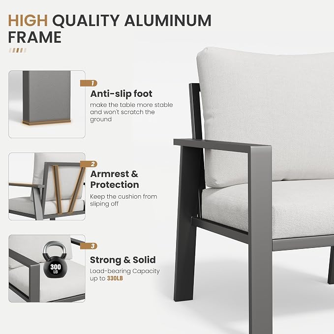 Aluminum Patio Conversation Set 6 Pieces Metal Deck Outdoor Furniture 6-Seat All-Weather Rust-Proof Sectional Sofa Set with Removable Cushion for Balcony, Yard, Poolside & Small Spaces