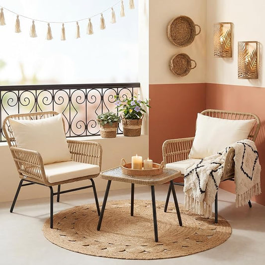 NICESOUL 3 Pieces Boho Small Outdoor Patio Chair Set with Thick Cushion and Glass Table, Rattan Wicker Chair, Bistro Set for Garden Balcony Deck Porch Backyard Apartment, Beige