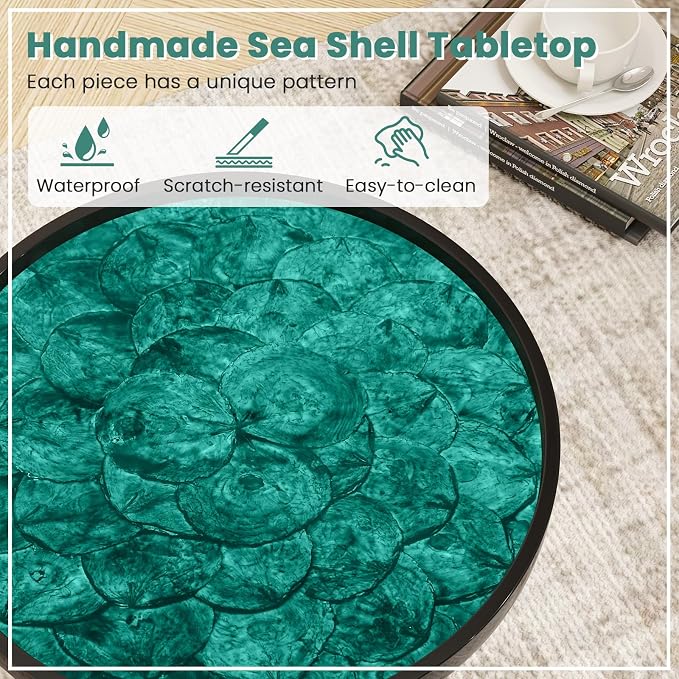 Giantex Outdoor Side Table, Round End Table with Epoxy Resin Finish, Sea Shell Decoration, Mahogany Wood Frame, Tray Top, Patio Side Table for Living Room, Pool, Yard, Porch (Green, 16” x 16” x 19.5”)