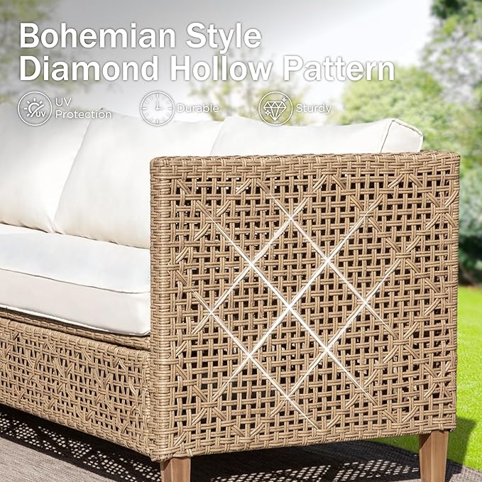 PHI VILLA Outdoor Sectional Couch, Wicker Patio Furniture Set with Acacia Wood Coffee Table, L-Shape Small Outdoor Conversation Corner Sofa Set for Deck Porch, Beige