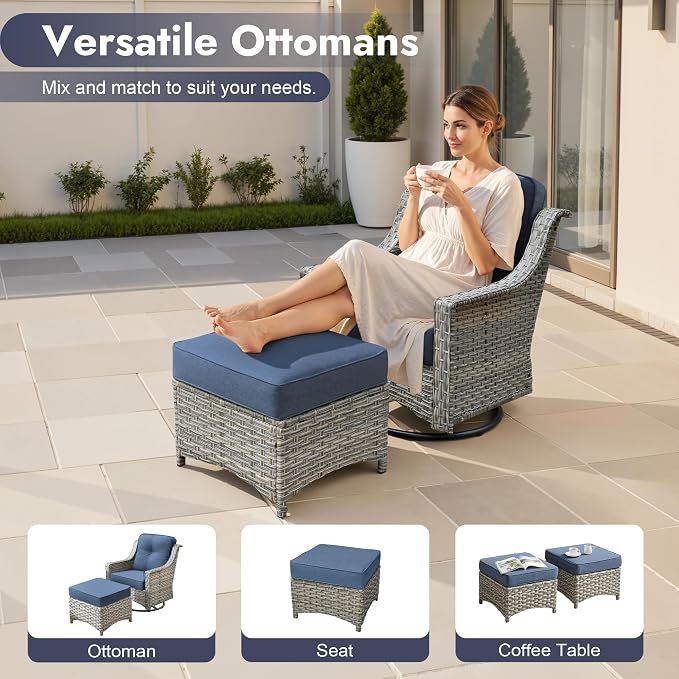 6 PCS Patio Furniture Set, Deep Seat High Back Outdoor Conversation Set with Ottomans, Wicker Outside Furniture with Solar Light Coffee Table for Porch Backyard Balcony, Sunroom, Denim Blue
