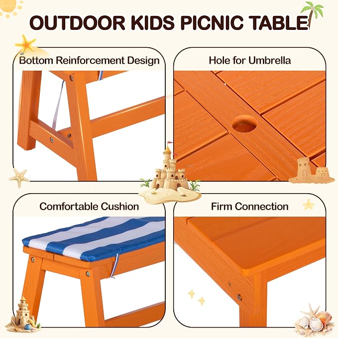 BRINJOY Kids Picnic Table, 4-in-1 Outdoor Wooden Table & Chair Set w/Umbrella & 2 Removable Boxes, Children Sand and Water Activity Table w/Cushioned Bench for Patio, Garden, Backyard
