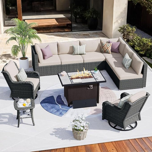 HOOOWOOO Outdoor Patio Furniture Set with Fire Pit 10 Pieces Patio Set with Fire Pit Wicker Outdoor Furniture with Fire Pit Table Set Patio Conversation Set with Swivel Chairs,Beige