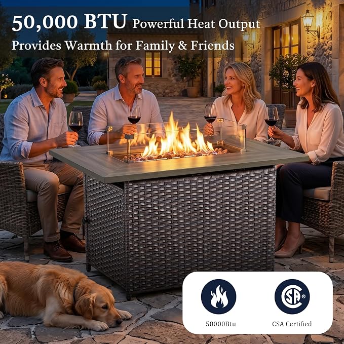 Luxury High Back Outdoor Furniture 6-Inch Thick Cushions with 50,000 BTU Gas Propane Fire Pit Tablet, Patio Furniture Set with Swivel Chairs, 6 PCS for Porch, Balcony, Deck and Yard