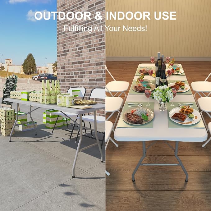 4PK Folding Table, 6FT Portable Plastic Folding Table, Foldable Dining Tables with Carrying Handle for Party, Picnic, Camping, Easy to Fold and Storage, for Indoor or Outdoor Use