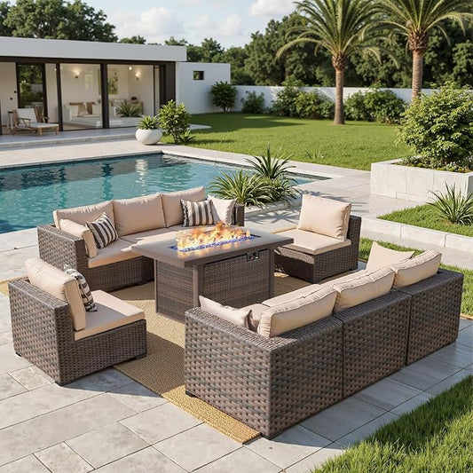 Grezone 9 Piece Patio Furniture Set with 44" Fire Pit Table, Outdoor Sectional Couch, PE Rattan Patio Conversation Sets with 4inch Cushions for Backyard Beige