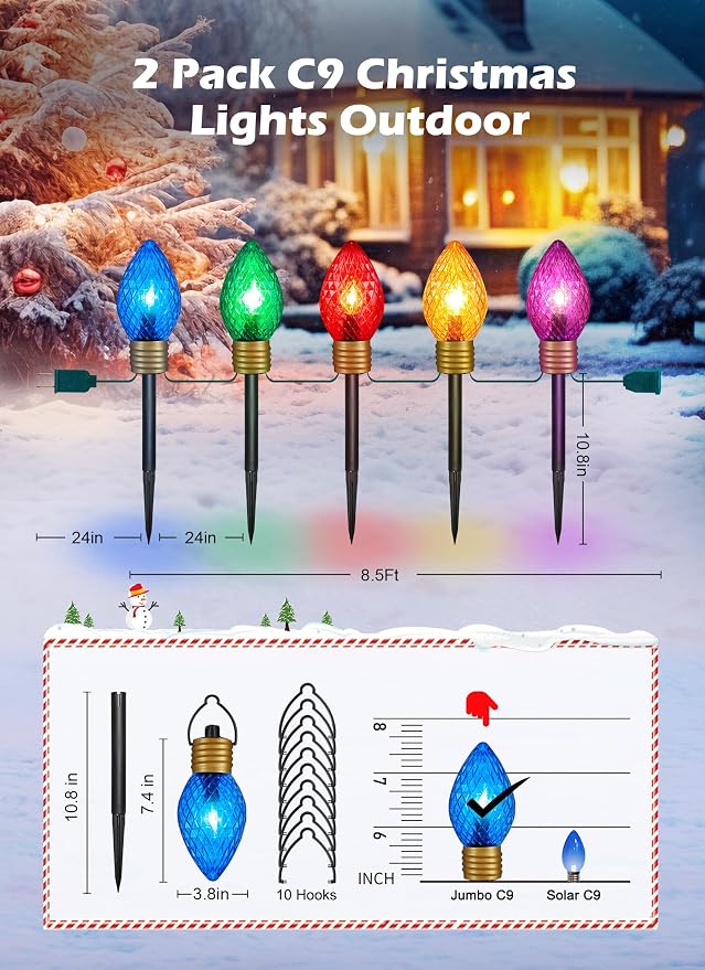 2 Pack Strawberry Jumbo C9 Christmas Pathway Lights Outdoor, Total 17FT | 10 LED C9 Walkway Light, Multicolor Bulb Holiday Pathway Light, Connectable Christmas Lights Outdoor Decoration for Lawn Yard
