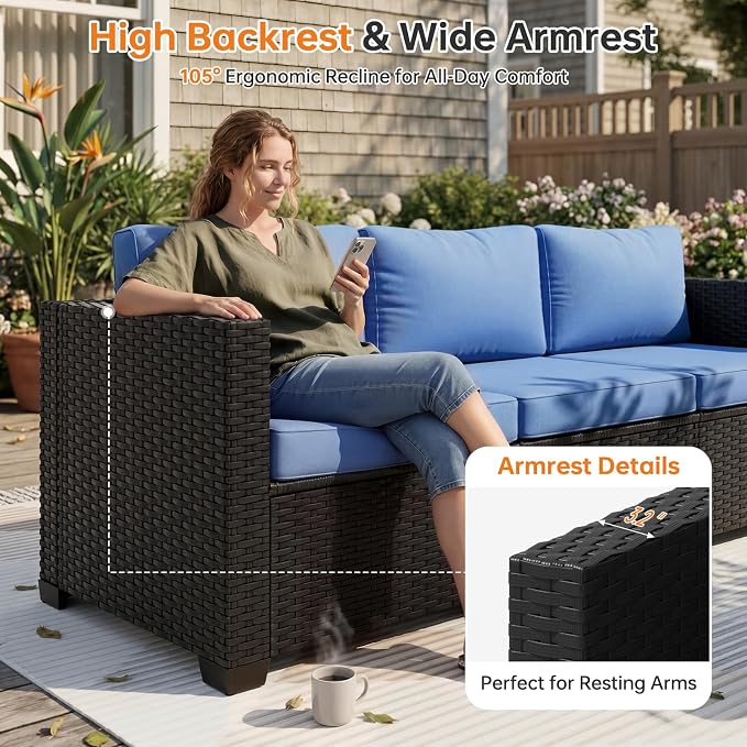 LazySunsets 1 Piece 3-Seats Outdoor Patio Sofa Outdoor Patio Furniture Set, Rattan Outdoor Sectional with Thick Waterproof Cushions, Waterproof Cover, Patio Conversation Set for Backyard, Navy Blue