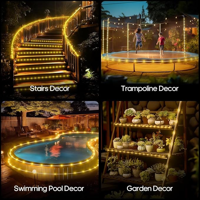 ICRGB Solar Rope Lights Outdoor, 39FT 100 LED (Warm White, 39FT) | With Remote, Waterproof, 8 Modes, for Outdoor Patio Porch Tree Wedding Christmas Pool Garden Decorative