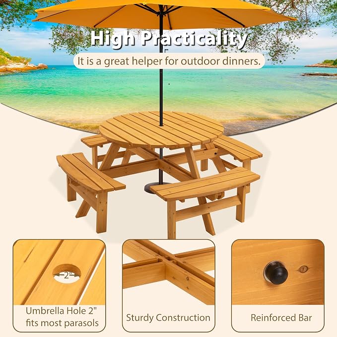 anwickjeff 8-Person Picnic Table and Chairs Set, Outdoor Round Wooden Patio Tables with DIY w/4 Built-in Benches & Umbrella Hole, 2220lbLBS Total Capacity for Patios, Backyard (Natural, 8 Person)