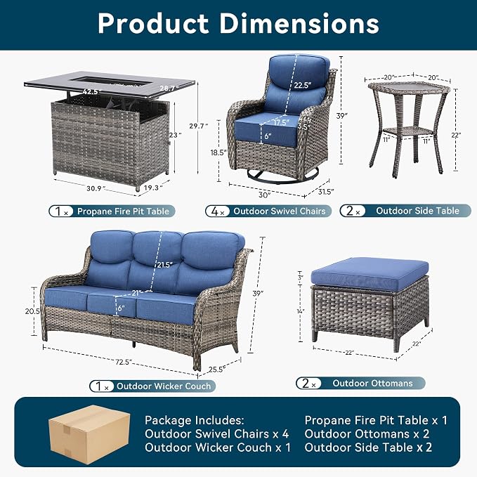 Luxury Patio Furniture Set with Fire Pit Table-10 Pieces All Weather Outdoor Swivel Rocker Chairs with Sofa and Ottomans. Outdoors Patio Conversation Sets for Porch Deck Garden Backyard(Grey/Blue)