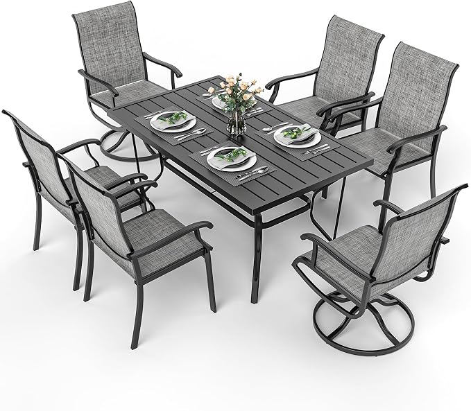 7-Piece Outdoor Dining Set, Patio Furniture Set with 2 Textilene Swivel Chairs & 4 Regular Chairs,Patio Dining Set with 1 Rectangular Table for Garden, Backyard, Poolside, Deck, Charcoal