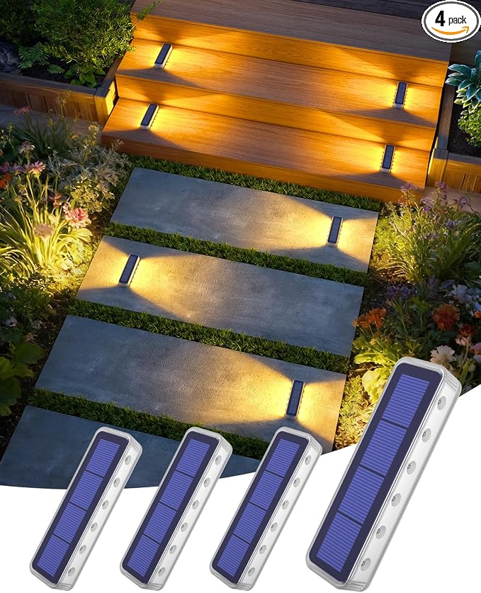 DetarZinLED Solar Step Lights, 12 LEDs 2-Sided Glow, IP68 4 Pack Warm White | IP68 Waterproof, Solar Powered, Auto ON/OFF, Stick on, Sturdy Polycarbonate Shell, for Outdoor Dock, Deck, Flat, Stair, Porch