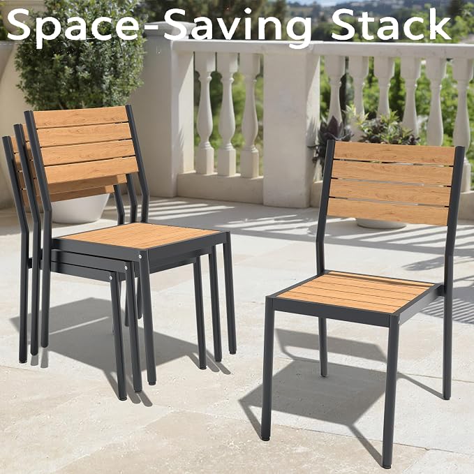 9-Piece Outdoor Dining Set for 8 Person with Teak Wood-Grain Top | Armless Stackable Chairs with 19.4" Seat Depth, Aluminum Frame Dining Furniture with Umbrella Hole for Deck, Porch & Backyard