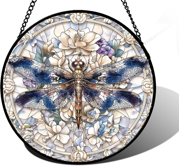 DASTOLL Stained Glass Window Hanging, Dragonfly Flower Suncatcher for Doors Home Sun Catchers Decoration and Christmas, Mother's Day Birthday Gifts for Women, Men, and Mom 11.8x11.8 in
