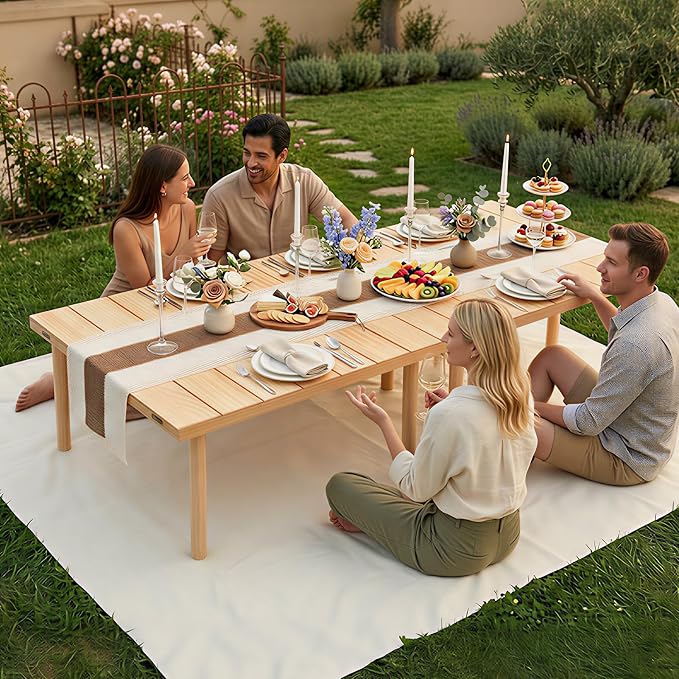 60" x 30" Boho Low Picnic Table, Portable Wooden Folding Picnic Table with Table Runner for Camping, Beach, Garden, Picnic, Party, Indoor & Outdoor Use, Seats 6-8 People, 8-Leg Design