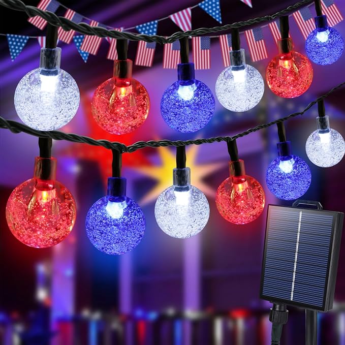 Joomer Red White Blue Solar String Lights,39FT 60LED 4th of July Decor | with 8 Lighting Modes Waterproof, Solar Powered Fairy Lights for Independence Day Yard Gazebo BBQ Patriotic Party Decorations