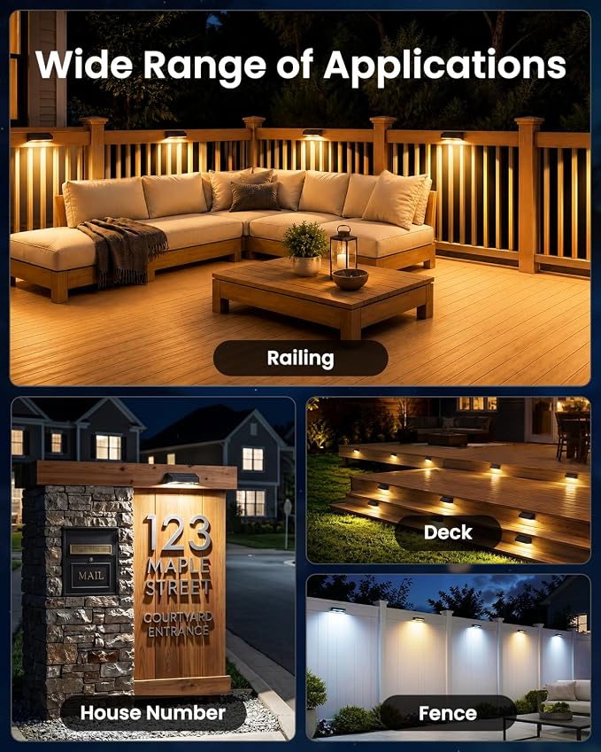 JOFIOS Fence Lights Solar Powered 12 Pack, 3000/4000/6000K 3 Modes, IP65 Waterproof Solar Fence Lights Outdoor, Dusk to Dawn Deck Lights for Outside, Wall, Backyard, Step, Patio, Stair Railings