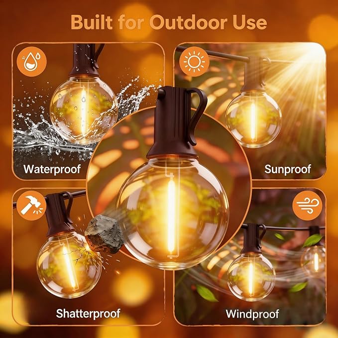 RTTY Outdoor String Lights 25 FT Waterproof, Patio Light 13 G40 LED Bulbs | Shatterproof Dimmable Vintage Edison Bulb, Connectable, Hanging Light For Outside, Balcony, Cafe, Bistro, Porch, Warm White