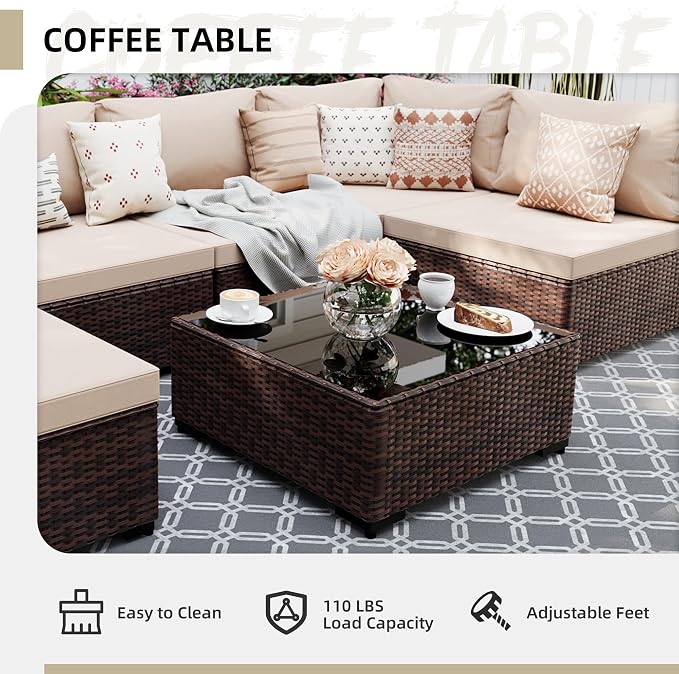 UPHA 9 Pieces Patio Furniture Sets, Wicker Outdoor Sectional Sofa Couch with Rectangle Propane Pit for Deck Backyard Garden, Brown Rattan, Beige Cushion