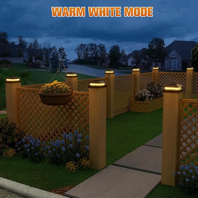 APONUO Solar Post Cap Lights for 4x4 Posts - IP64 Waterproof, 3000K LED, No-Wire Fence Lights & Deck Lights for Patio Garden Yard Patio, Black-Warm White, 6 Pack