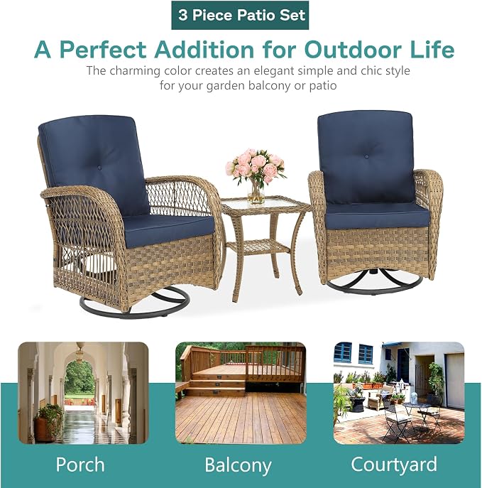 MEETWARM 3 Pieces Outdoor Wicker Swivel Rocker Patio Set, Rocking Chairs Rattan Patio Furniture Sets with Thickened Cushion and Glass-Top Coffee Table, Conversation Bistro Set for Porch (Navy Blue)