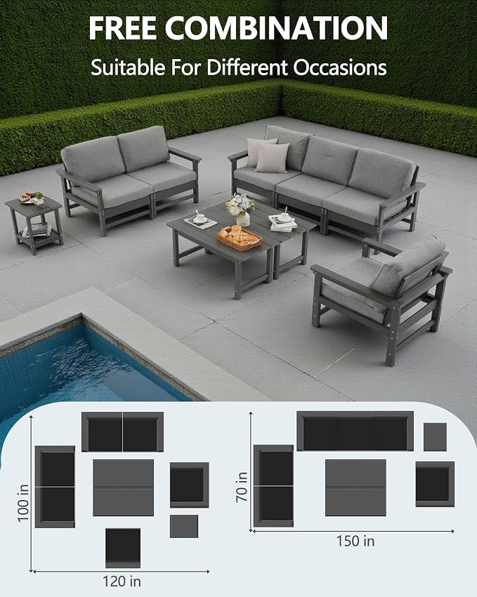 HDPE Outdoor Patio Furniture Set, 9-Piece Sofa Set with 3-Seat Couch, Loveseat Sofa, Armchair,Side Table & 2 Coffee Tables, Weatherproof Conversation Set with Cushions,for Garden, Porch & Backyard