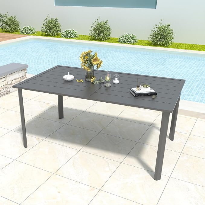 Anmutig 7 Piece Outdoor Dining Set, 63" Table & 6 Aluminum Frame Chairs | Stackable Chairs, Resin Slat Seating, Powder-Coated Steel Table, Umbrella Hole, Easy Assembly, Patio, Garden, Backyard