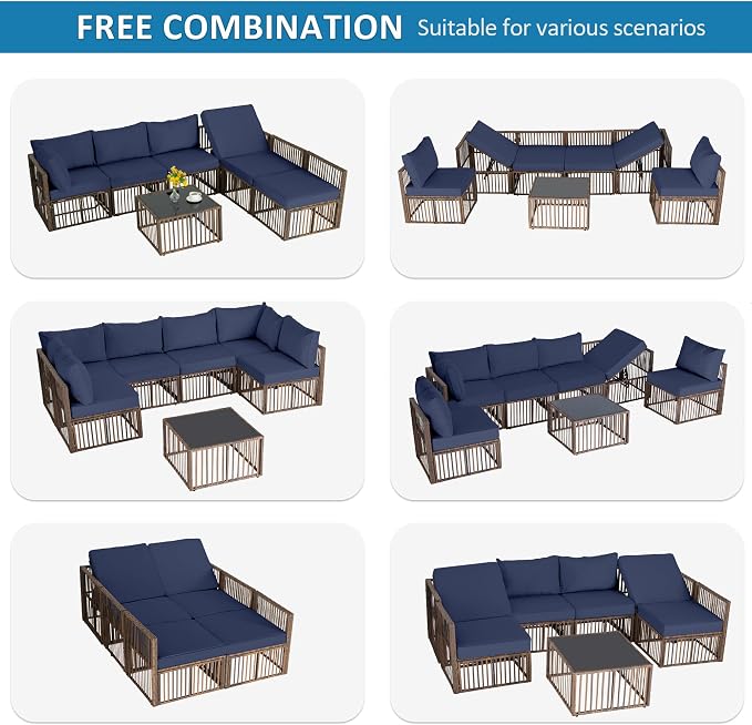 FHFO 7 Piece Outdoor Wicker Patio Furniture Set, Brown/Blue | Sectional Sofa | All-Weather Hand-Woven Rattan | Tempered Glass Coffee Table | Adjustable Backrest | Indoor & Outdoor Use