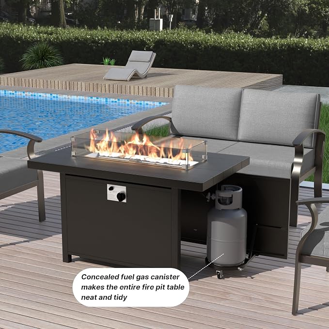 Gotland Aluminum Patio Furniture Set with Fire Pit Table, Metal Patio Furniture with 2 Swivel Rocking Chairs Waterproof 5.1'' Seat Cushions, Oversized Outdoor Sectional for Garden Balcony Porch Gray