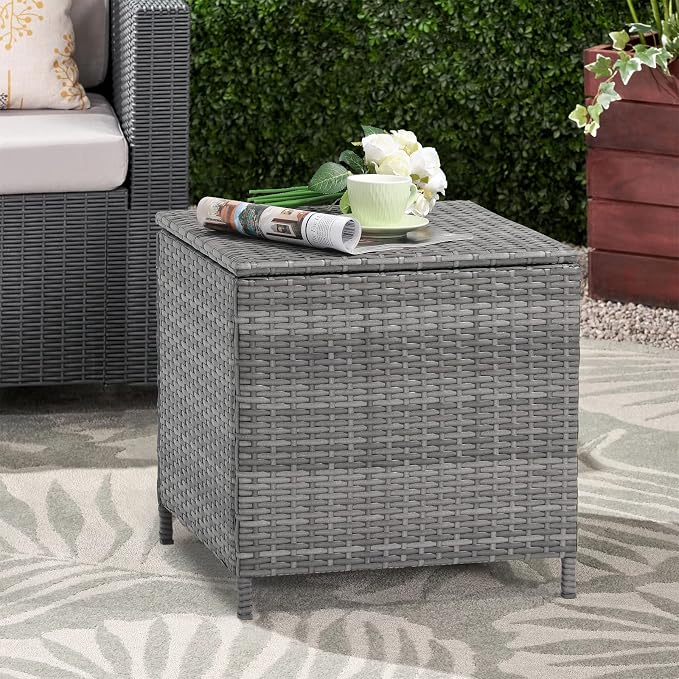 Verano Garden Outdoor Wicker Side Table, Small Storage Rattan Wicker End Table, Square Resin Coffee Table for Garden Porch Deck Living Room Backyard (Gray)