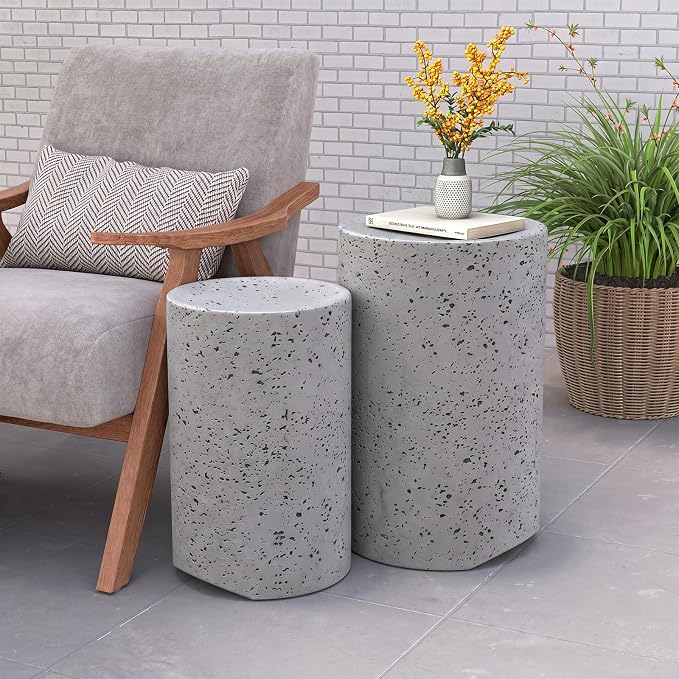 COSIEST Concrete Outdoor Side Table, Set of 2 Round End Tables, Decorative Garden Stools for Indoor Outdoor, Patio Accent Side Table w Spotted, Nesting, Dark Grey